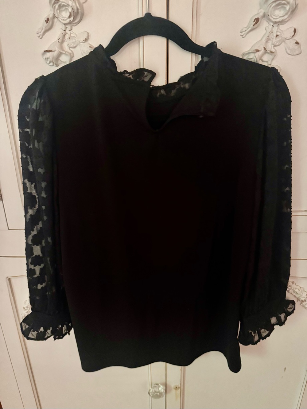 Adrianna Papell Black Lace Sleeve Ruffle Blouse